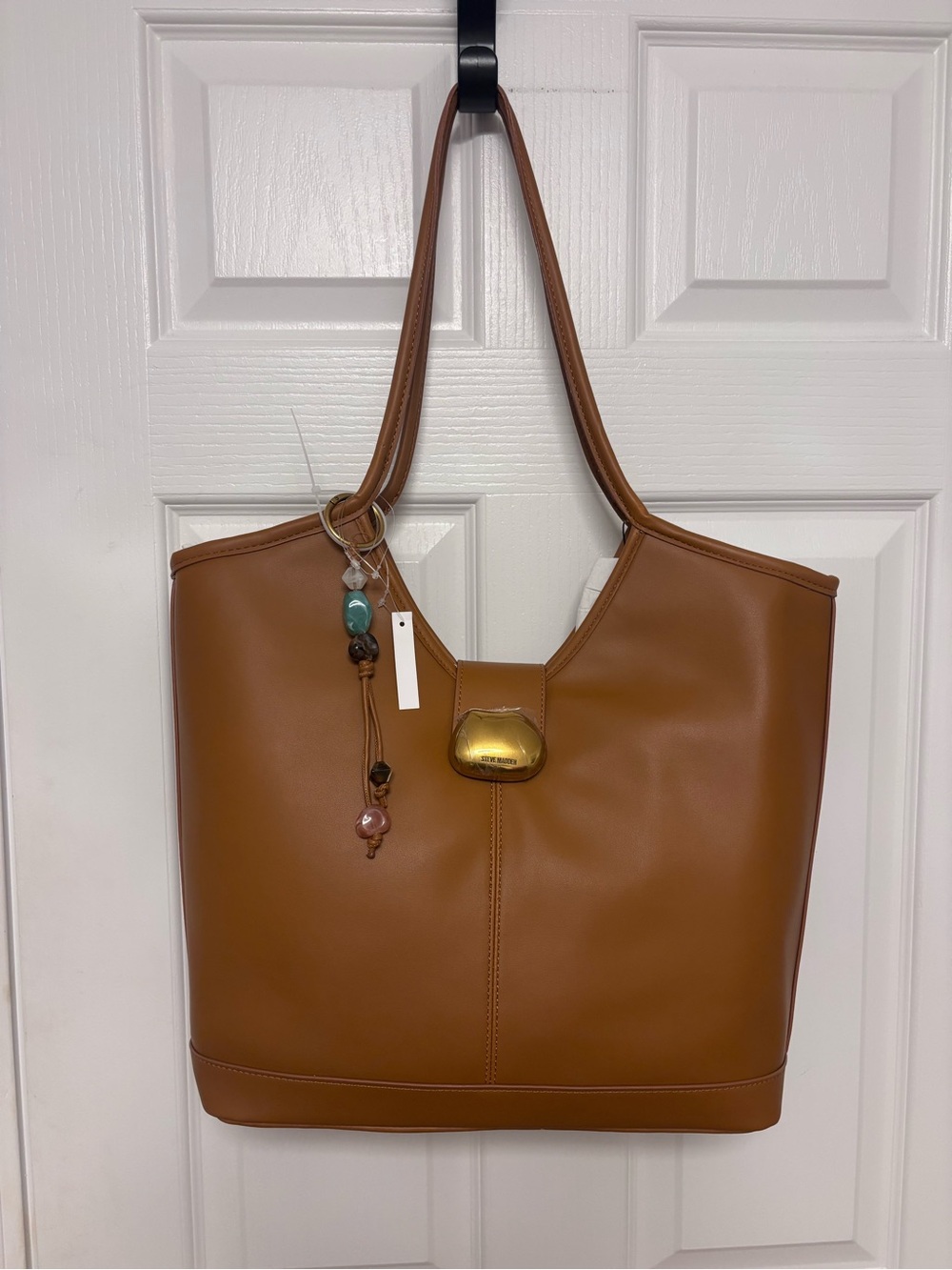 Leather Tote Bag with Decorative Charm - Tan